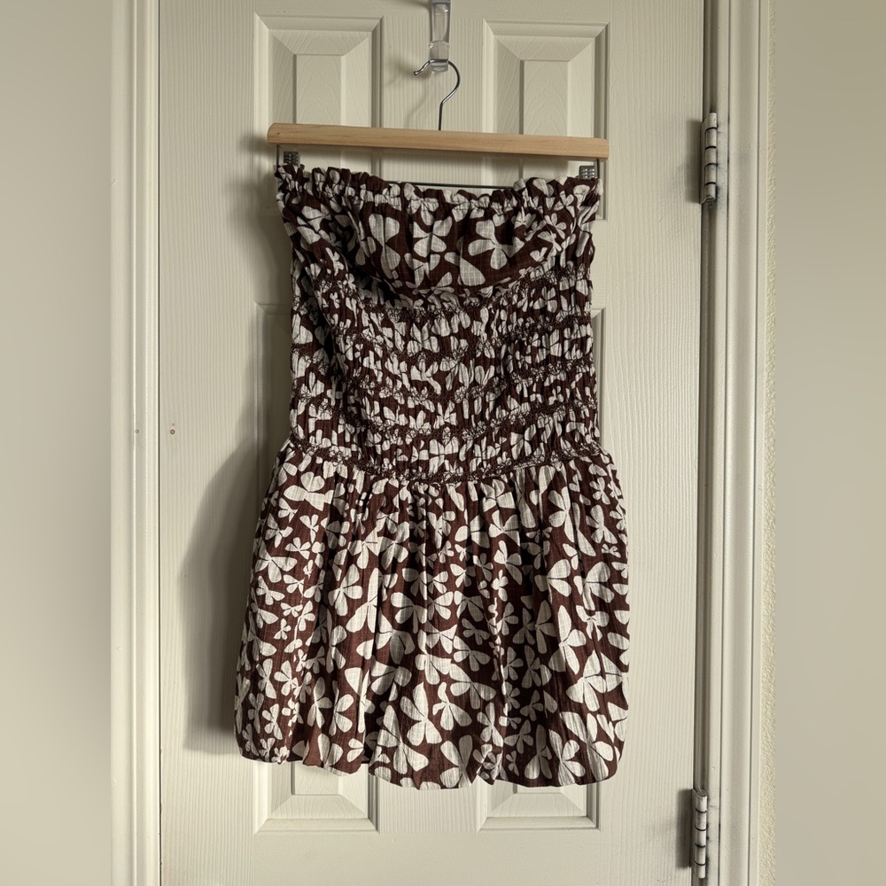 Free People Brown & White Floral Smocked Strapless Bubble Dress - Picture 5 of 14